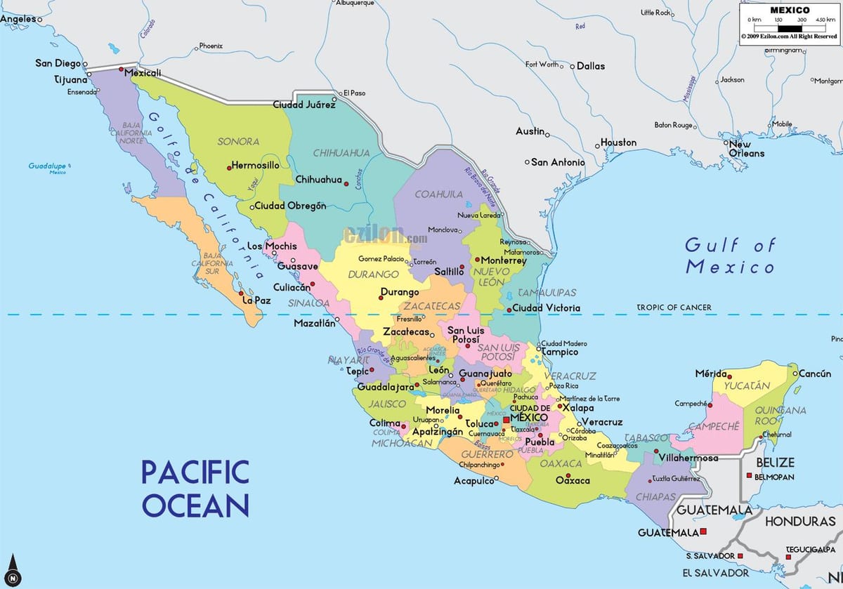 mapa de Mèxic amb ciutats i estats