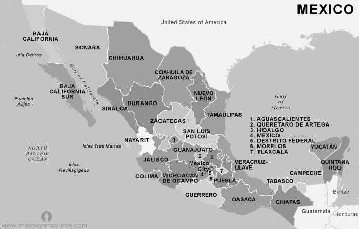 mapa de Mèxic en blanc i negre