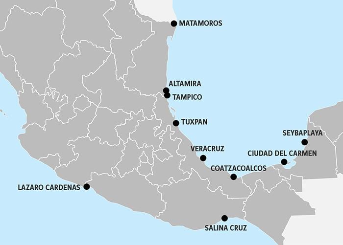 mapa de Mèxic ports